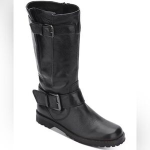 Gentle Souls BUCKLE UP Black Leather Buckle Side Zip Up Calf High Moto Boots